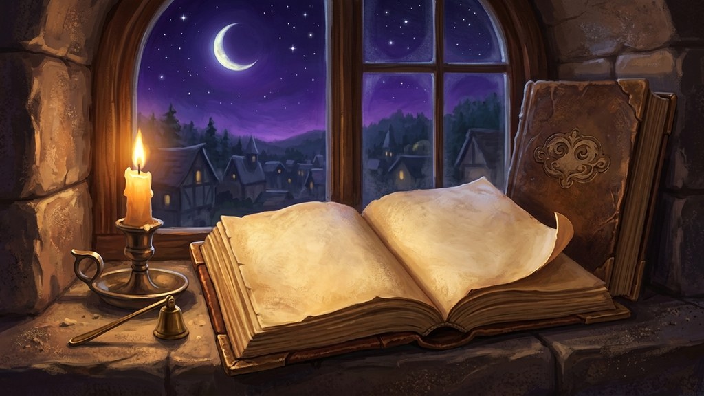 Ilustrasi buku terbuka di malam hari dengan halaman terakhir melengkung belum selesai