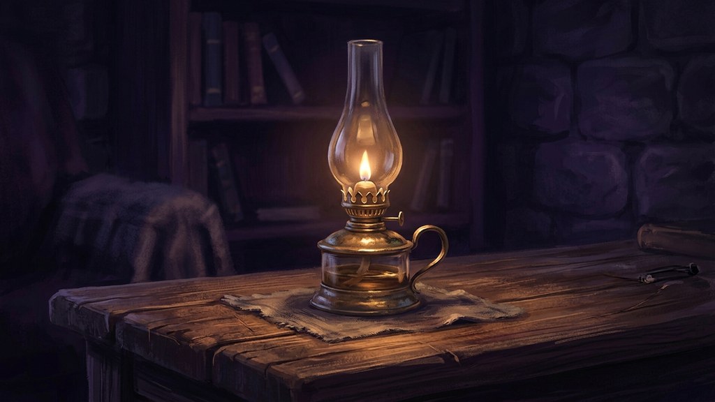 Ilustrasi lampu minyak tua di atas meja kayu dengan cahaya redup yang tenang